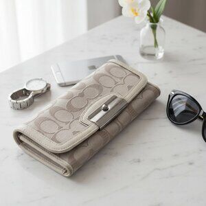 Coach Signature C Canvas & Leather Slim Snap Flap Wallet | Khaki Gray & White
